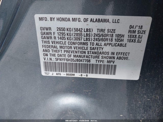 Honda Pilot Ex 2018 5FNYF6H35JB047708 Image 9