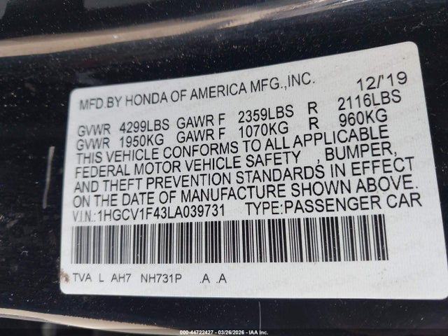 1HGCV1F43LA039731 Honda ACCORD EX