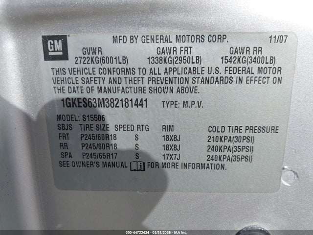44722434 :رقم المزاد ، 1GKES63M382181441 vin ، 2008 Gmc Envoy Denali مزاد بيع