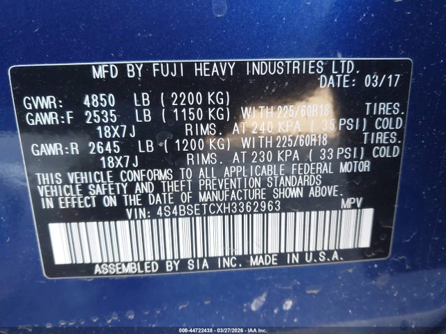 Subaru Outback 3.6r Touring 2017 4S4BSETCXH3362963 Image 9