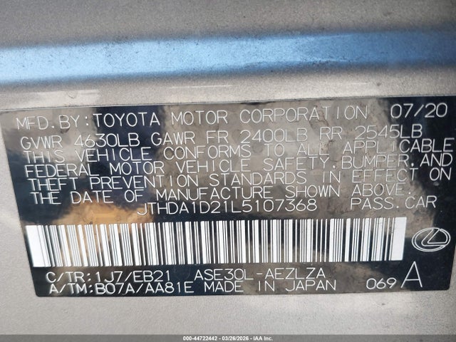 44722442 :رقم المزاد ، JTHDA1D21L5107368 vin ، 2020 Lexus Is 300 مزاد بيع