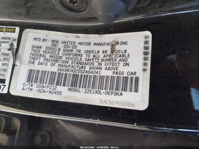 44722467 :رقم المزاد ، 1NXBR30E55Z494041 vin ، 2005 Toyota Corolla S مزاد بيع