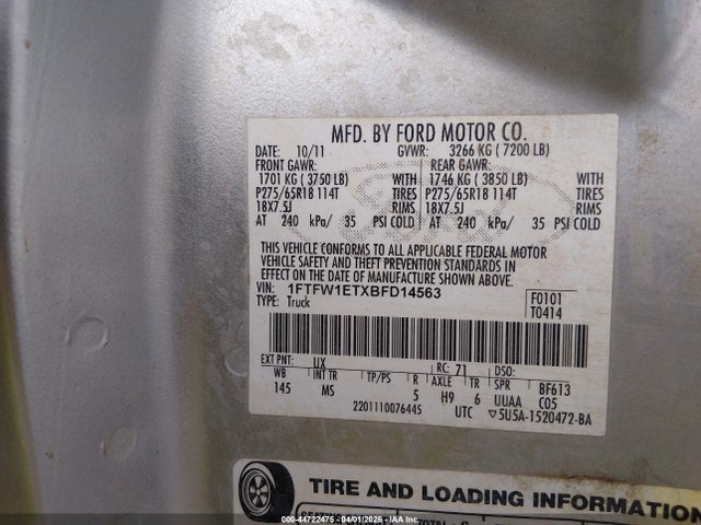 Продаж на аукціоні авто 2011 Ford F-150 Xlt, vin: 1FTFW1ETXBFD14563, номер лоту: 44722475
