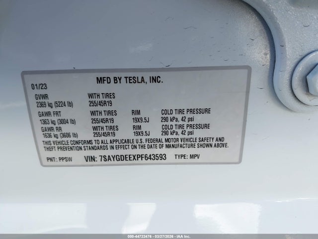 44722476 :رقم المزاد ، 7SAYGDEEXPF643593 vin ، 2023 Tesla Model Y Awd/long Range Dual Motor All-wheel Drive مزاد بيع