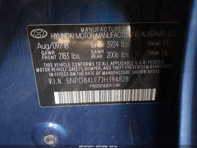 5NPD84LF7JH394828 Hyundai ELANTRA SEL