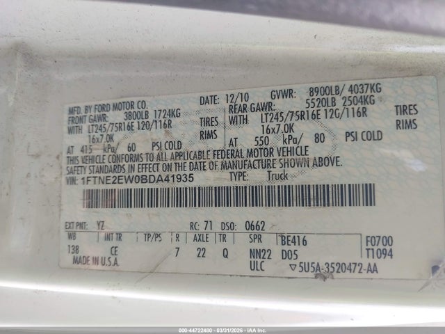 44722480 :رقم المزاد ، 1FTNE2EW0BDA41935 vin ، 2011 Ford E-250 Commercial مزاد بيع