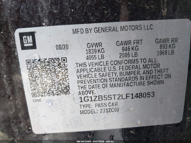 Aukcja sprzedaży 2020 Chevrolet Malibu Fwd Ls, vin: 1G1ZB5ST2LF148053, numer aukcji: 44722493