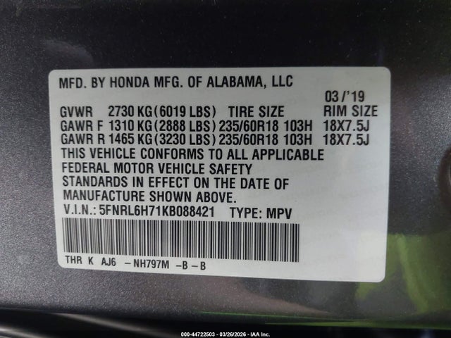 5FNRL6H71KB088421 Honda Odyssey Ex-l