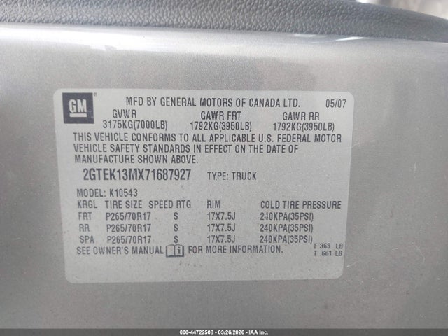 44722508 :رقم المزاد ، 2GTEK13MX71687927 vin ، 2007 Gmc Sierra 1500 Sle1 مزاد بيع