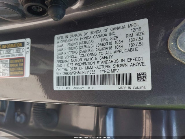 2HKRW2H84LH611832 Honda Cr-v Awd Ex-l