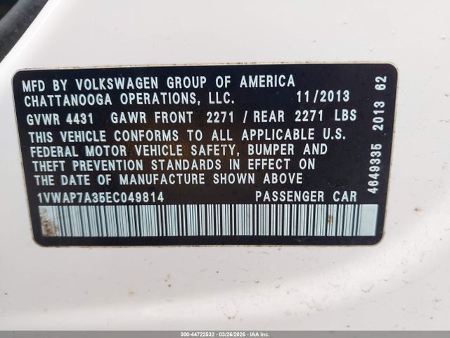 2014 Volkswagen Passat 2.5l S მანქანა იყიდება აუქციონზე, vin: 1VWAP7A35EC049814, აუქციონის ნომერი: 44722532