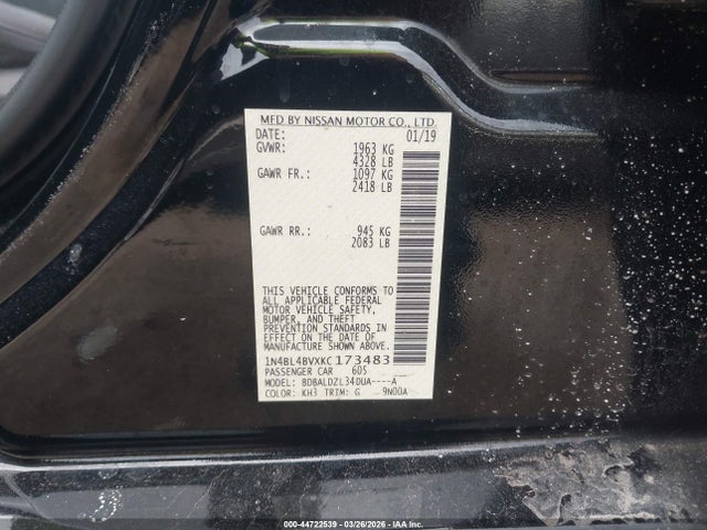 44722539 :رقم المزاد ، 1N4BL4BVXKC173483 vin ، 2019 Nissan Altima 2.5 S مزاد بيع