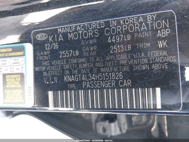 KNAGT4L34H5151826 KIA Optima Lx