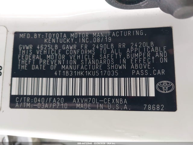 4T1B31HK1KU517035 Toyota Camry Hybrid Le