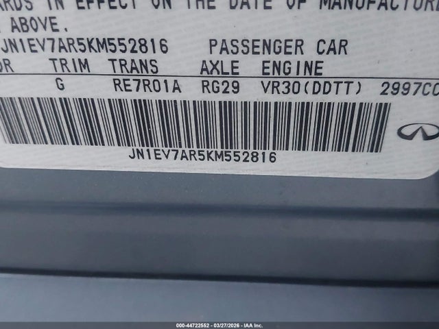 Aukcja sprzedaży 2019 Infiniti Q50 3.0t Luxe, vin: JN1EV7AR5KM552816, numer aukcji: 44722552