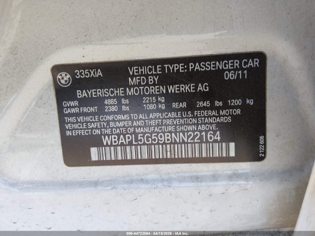 Продаж на аукціоні авто 2011 Bmw 335i Xdrive, vin: WBAPL5G59BNN22164, номер лоту: 44722594