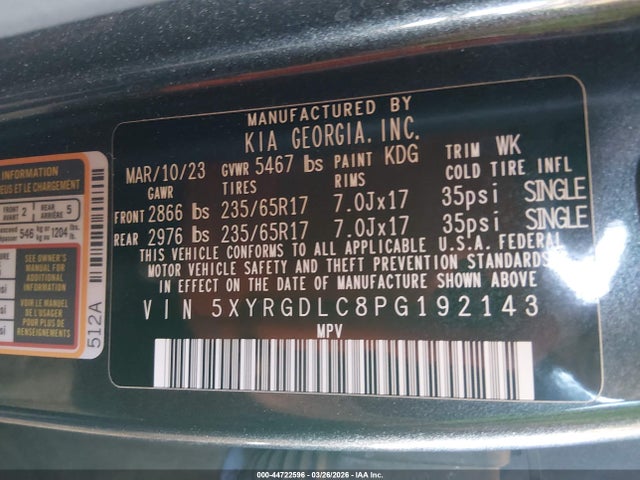 44722596 :رقم المزاد ، 5XYRGDLC8PG192143 vin ، 2023 Kia Sorento Lx مزاد بيع