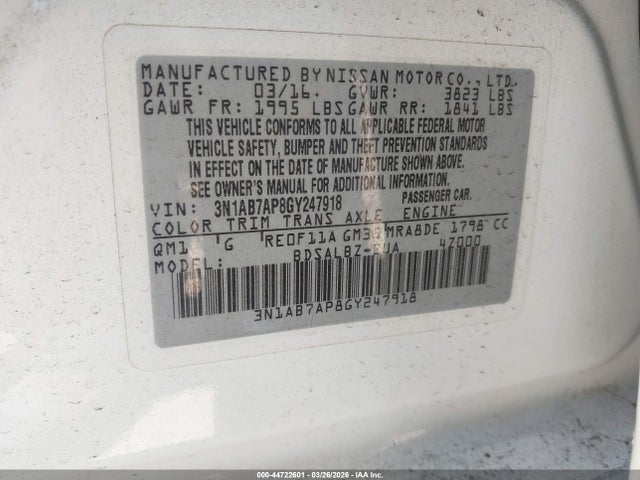 44722601 :رقم المزاد ، 3N1AB7AP8GY247918 vin ، 2016 Nissan Sentra Fe+ S/s/sl/sr/sv مزاد بيع