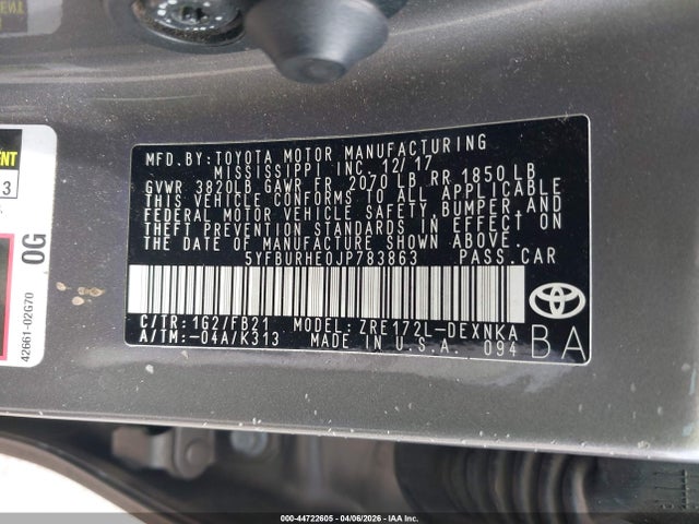 Продажа на аукционе авто 2018 Toyota Corolla Le, vin: 5YFBURHE0JP783863, номер лота: 44722605
