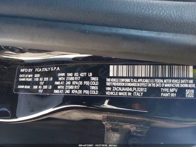 2020 Jeep Renegade Sport Fwd მანქანა იყიდება აუქციონზე, vin: ZACNJAAB4LPL52812, აუქციონის ნომერი: 44722607