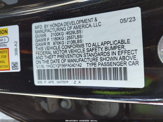 1HGCY2F56PA040142 Honda Accord Hybrid Sport