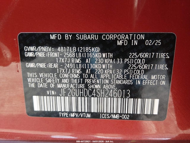 44722621 :رقم المزاد ، JF2GUHDC4SH246013 vin ، 2025 Subaru Crosstrek Premium مزاد بيع