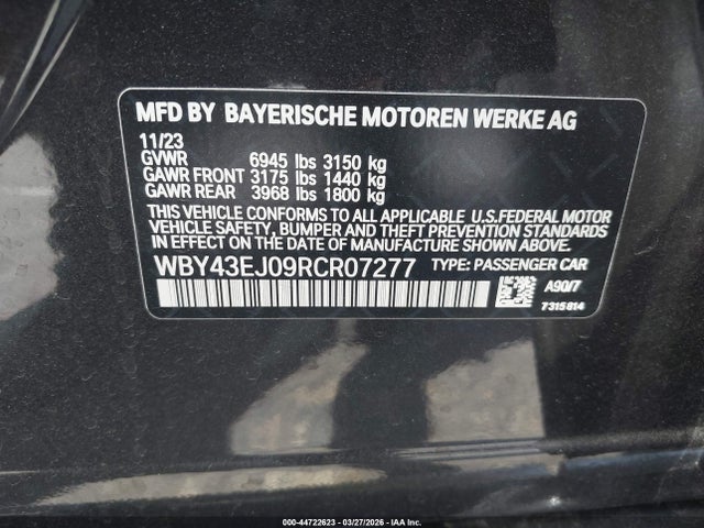 2024 Bmw I7 Edrive50 მანქანა იყიდება აუქციონზე, vin: WBY43EJ09RCR07277, აუქციონის ნომერი: 44722623