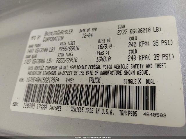 Aukcja sprzedaży 2005 Dodge Dakota Slt, vin: 1D7HE48N15S217974, numer aukcji: 44722634