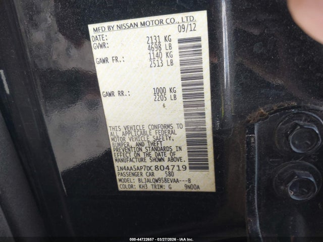 2013 Nissan Maxima 3.5 S მანქანა იყიდება აუქციონზე, vin: 1N4AA5AP7DC804719, აუქციონის ნომერი: 44722657