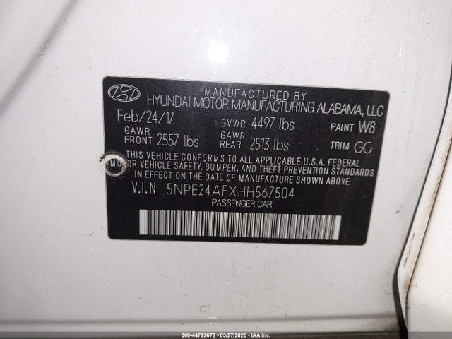44722672 :رقم المزاد ، 5NPE24AFXHH567504 vin ، 2017 Hyundai Sonata مزاد بيع