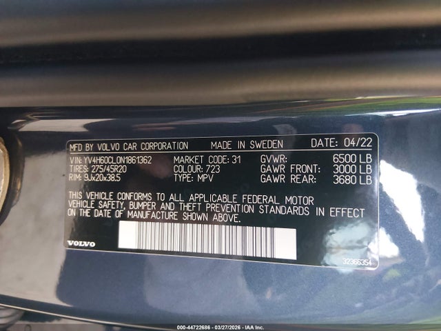 YV4H60CL0N1861362 Volvo Xc90 Recharge Plug-in Hybrid T8 Inscription Extended Range 6p/t8 Inscription Extended Range 7p