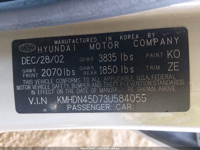 2003 HYUNDAI ELANTRA KMHDN45D73U584055 Photo 8