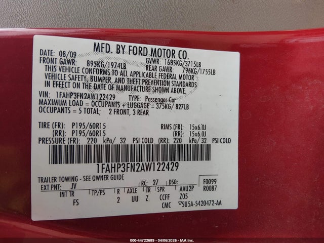 Aukcja sprzedaży 2010 Ford Focus Se, vin: 1FAHP3FN2AW122429, numer aukcji: 44722689