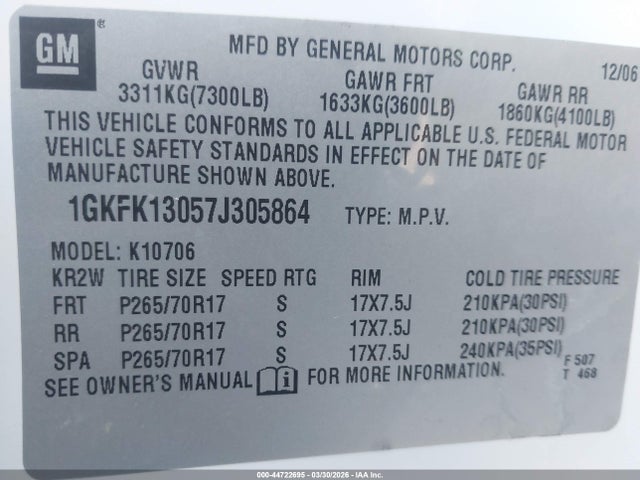 Продажа на аукционе авто 2007 Gmc Yukon Slt, vin: 1GKFK13057J305864, номер лота: 44722695