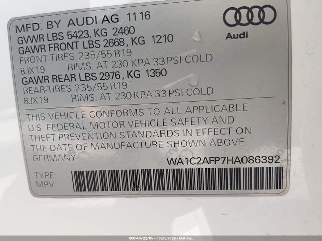Aukcja sprzedaży 2017 Audi Q5 2.0t Premium, vin: WA1C2AFP7HA086392, numer aukcji: 44722705