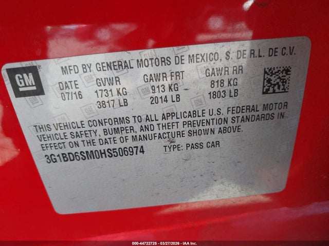 3G1BD6SM0HS506974 Chevrolet Cruze Lt Manual