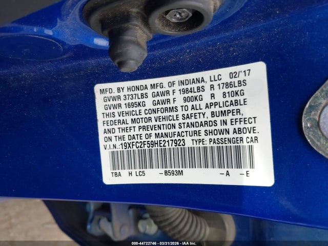 Honda Civic Lx 2017 19XFC2F59HE217923 Image 9