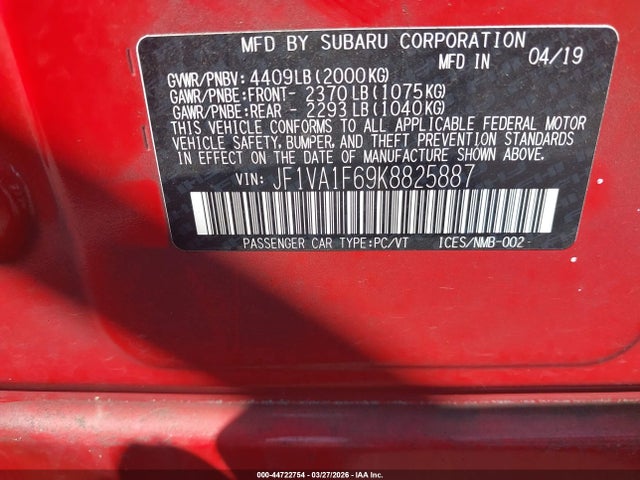 Subaru Wrx Premium 2019 JF1VA1F69K8825887 Image 9