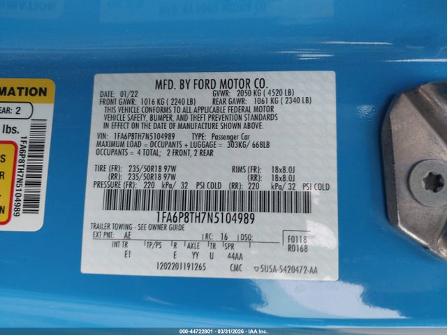 Ford Mustang Ecoboost Premium Fastback 2022 1FA6P8TH7N5104989 Image 9