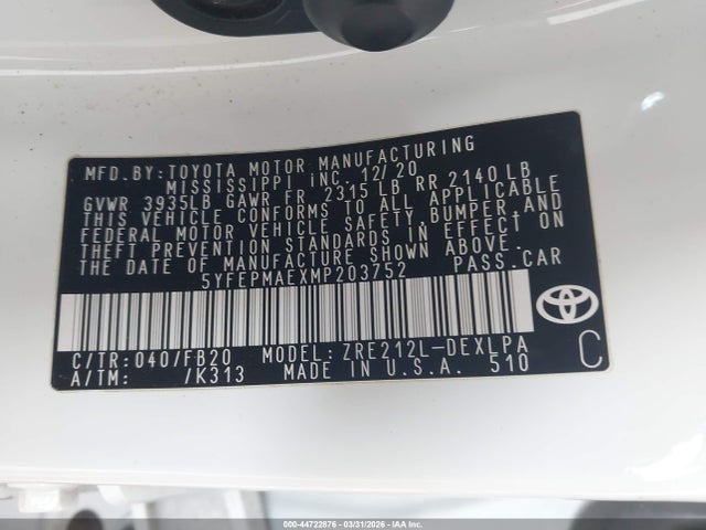 Toyota COROLLA LE 2021 5YFEPMAEXMP203752 Image 9