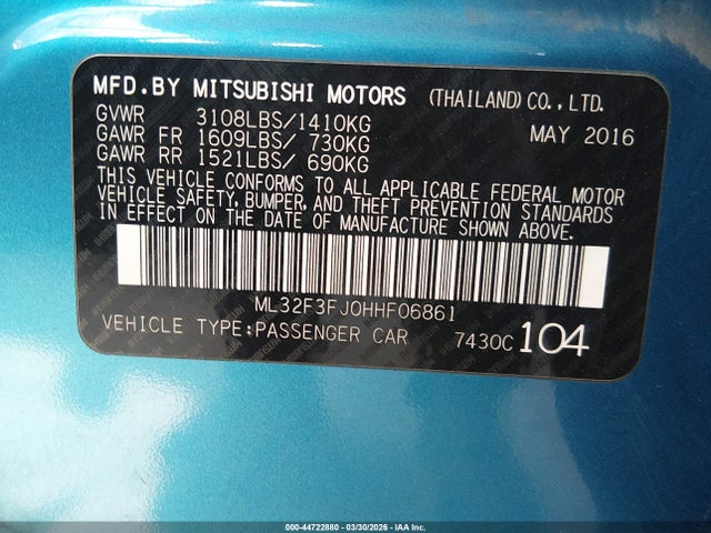 Aukcja sprzedaży 2017 Mitsubishi Mirage G4 Es, vin: ML32F3FJ0HHF06861, numer aukcji: 44722880