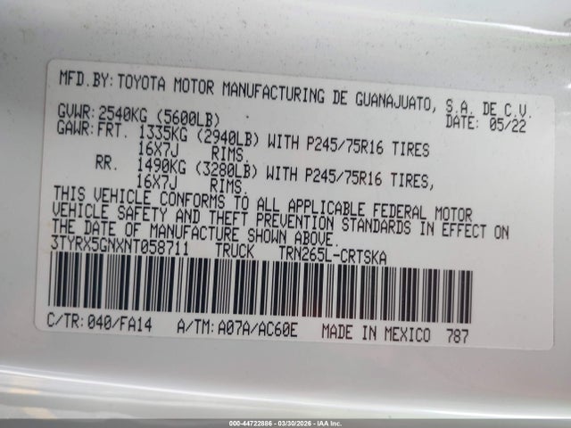 3TYRX5GNXNT058711 Toyota Tacoma Sr