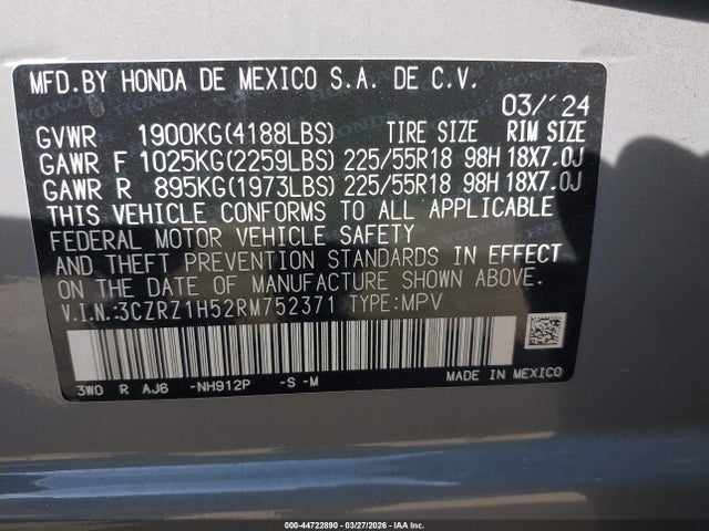 3CZRZ1H52RM752371 Honda Hr-v 2wd Sport/2wd Sport W/o Bsi