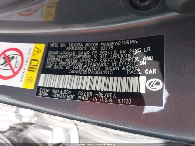 Aukcja sprzedaży 2019 Lexus Es 350, vin: 58ABZ1B17KU031045, numer aukcji: 44722895