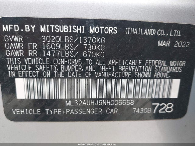 2022 Mitsubishi Mirage Es/le მანქანა იყიდება აუქციონზე, vin: ML32AUHJ9NH006658, აუქციონის ნომერი: 44722897