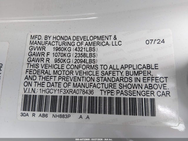 Aukcja sprzedaży 2024 Honda Accord Ex, vin: 1HGCY1F3XRA078436, numer aukcji: 44722909