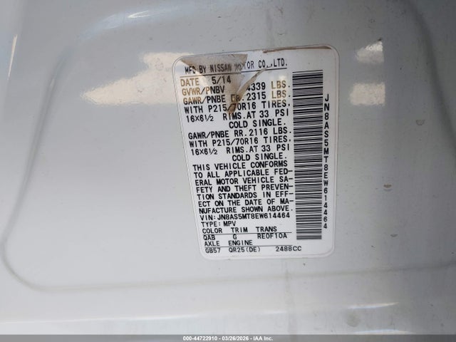 JN8AS5MT8EW614464 Nissan Rogue Select S
