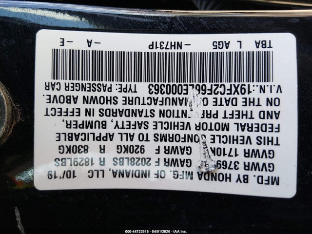 Honda Civic Lx 2020 19XFC2F66LE000363 Image 9