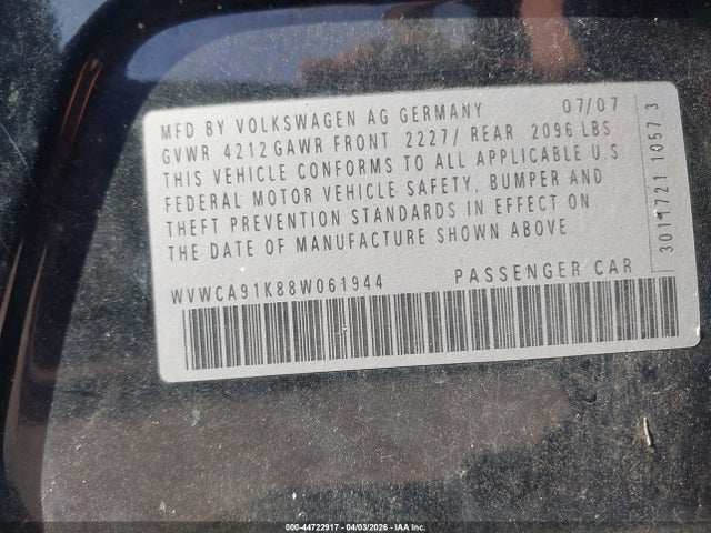 Продаж на аукціоні авто 2008 Volkswagen Rabbit S, vin: WVWCA91K88W061944, номер лоту: 44722917