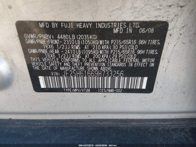 44722919 :رقم المزاد ، JF2SH61669H733256 vin ، 2009 Subaru Forester 2.5x مزاد بيع